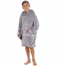 18C947: Kids Plain Over Sized Plush Hoodie- Grey (One Size - 7-13 Years)